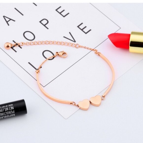 14K Rose Gold Plated Double Love Heart Charm Bracelet for Women - Picture 3 of 4